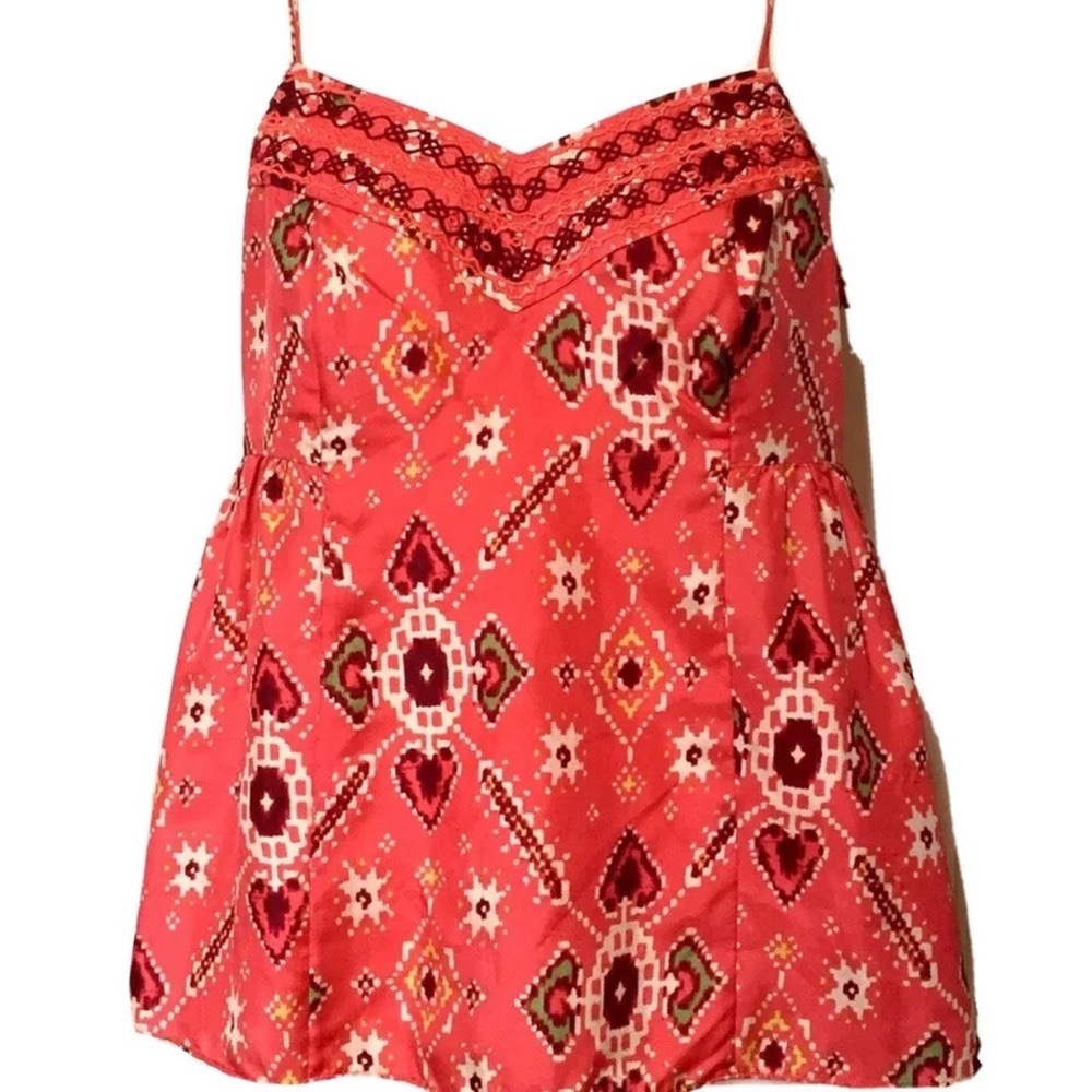 Anthropologie Odille peach/red Graphic Print tank crisscross back silk size 4